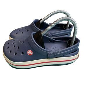 Crocs Crocband Navy Blue White & Red Line Slide On Clogs Men Size 5 Women Size 7